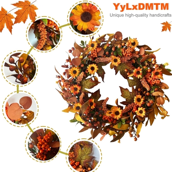 Fall Wreath Centerpiece Autumn Halloween Thanksgiving Holiday Decor Brand New - Picture 5 of 7